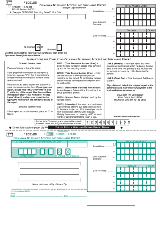 Fillable Form Bt-136 - Telephone Acces Line Surcharge Report Taxpayer Copy/worksheet Form - Oklahoma Printable pdf