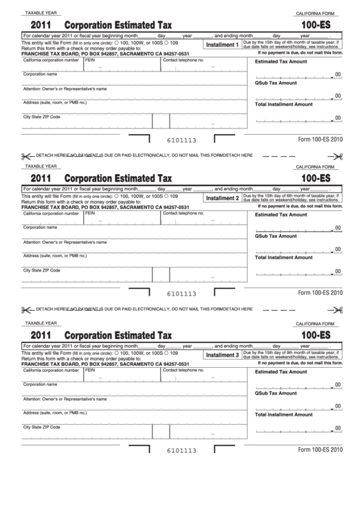 Fillable California Form 100-Es - Corporation Estimated Tax - 2011 Printable pdf