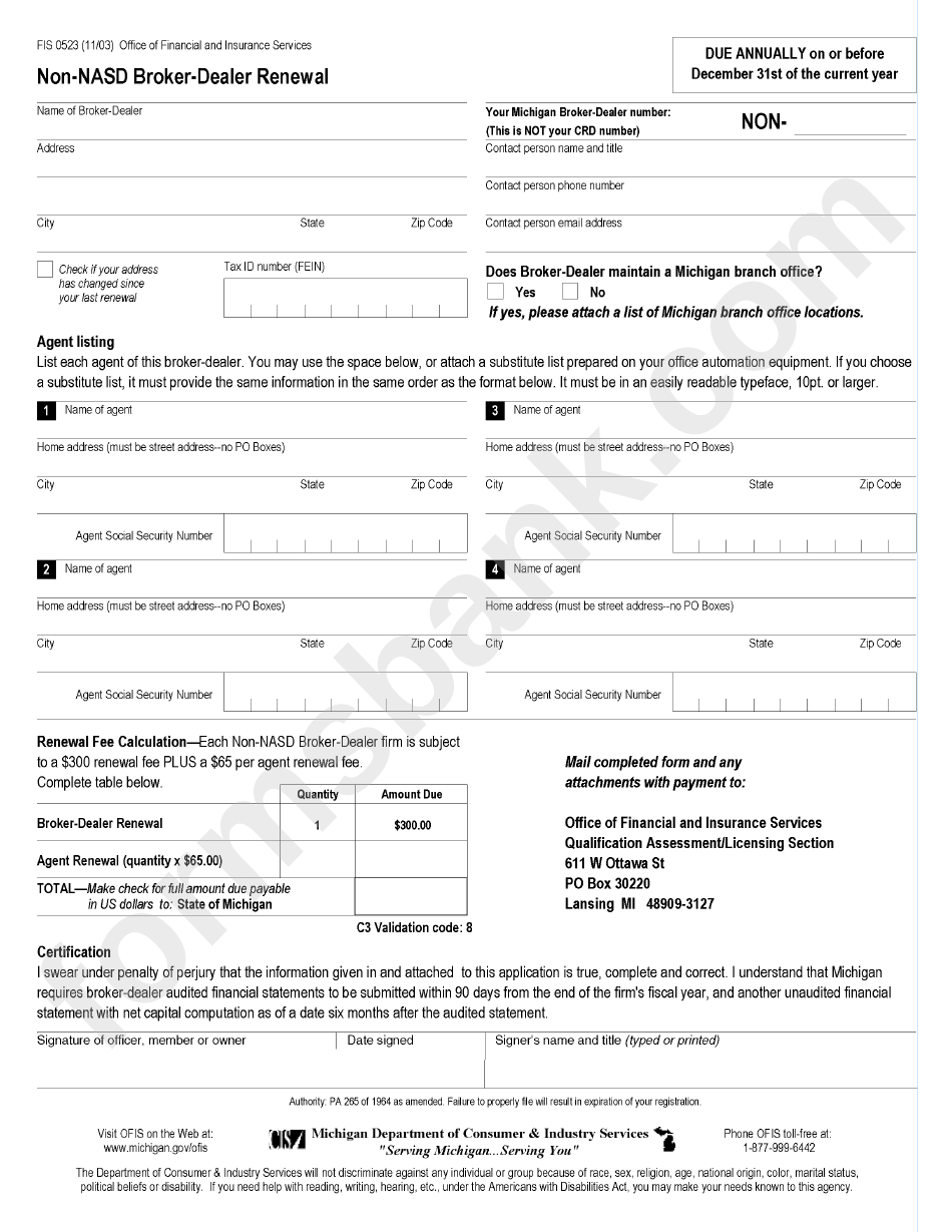 Form Fis 0523 - Non-Nasd Broker-Dealer Renewal Form