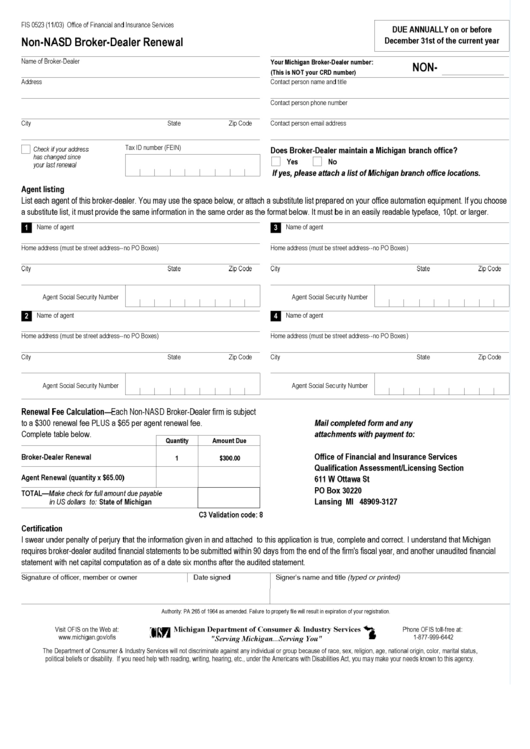 Form Fis 0523 - Non-Nasd Broker-Dealer Renewal Form Printable pdf