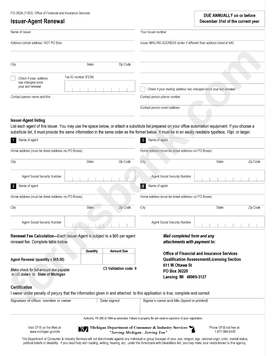 Form Fis 0524 - Issuer-Agent Renewal Form