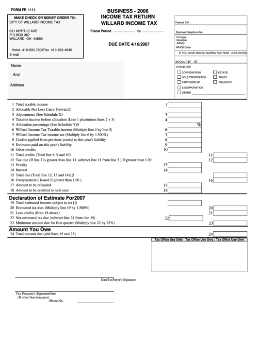 Form Fr 1111 - Income Tax Return, Willard Income Tax Form - City Of Willard, Ohio Printable pdf