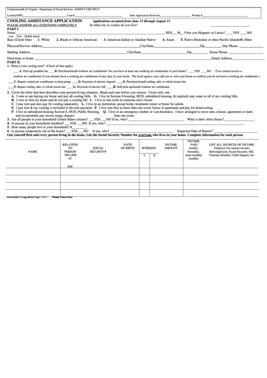 Cooling Assistance Application Form Printable pdf