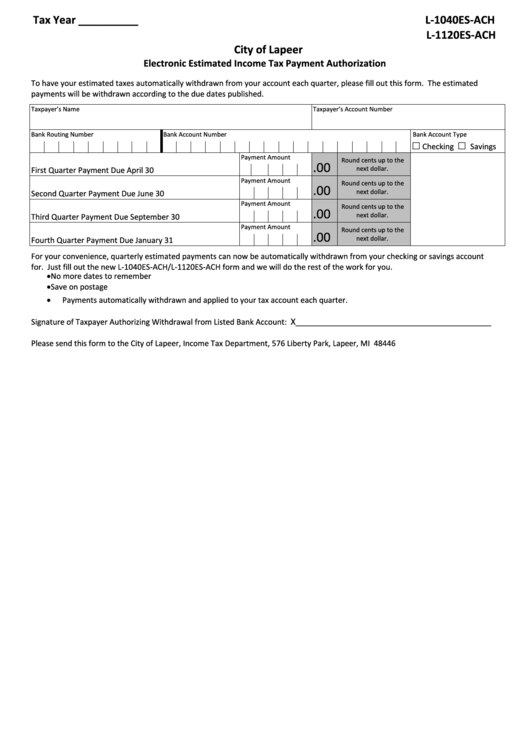 L-1040es-Ach, L-1120es-Ach - Electronic Estimated Income Tax Payment Authorization Printable pdf