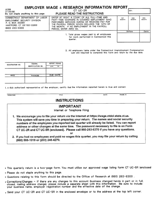 Form Ct Uc-2r - Employer Wage & Research Information Report Form - Connecticut Department Of Labor, Connecticut