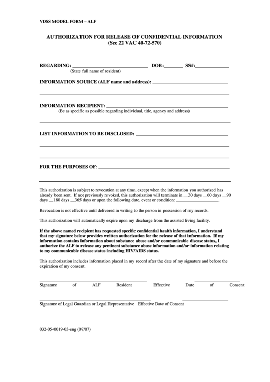 Vdss Model Form - Alf - Authorization For Release Of Confidential Information Form Printable pdf
