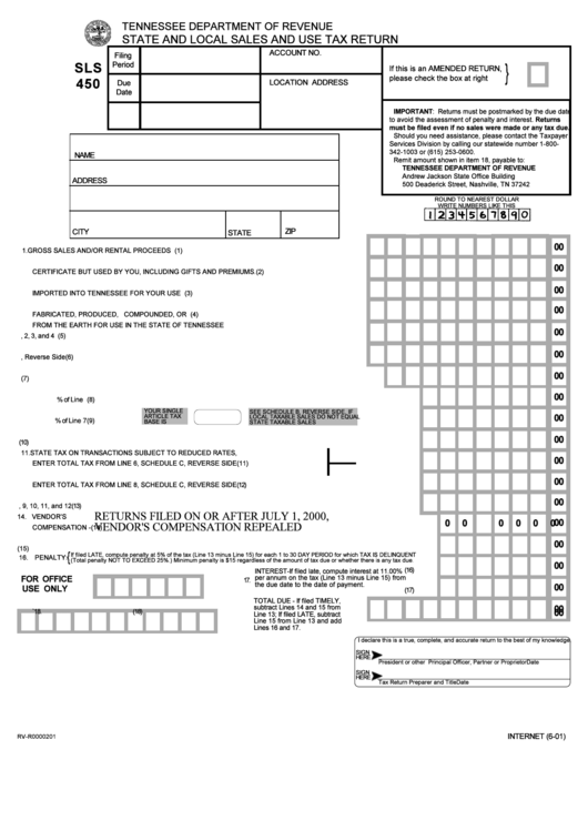 Form Sls 450 - State And Local Sales And Use Tax Return Printable pdf