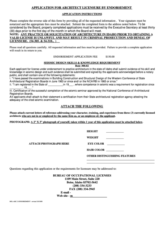 Form Bol-Arc-2-Endorsement - Application For Architect Licensure By Endorsement Printable pdf