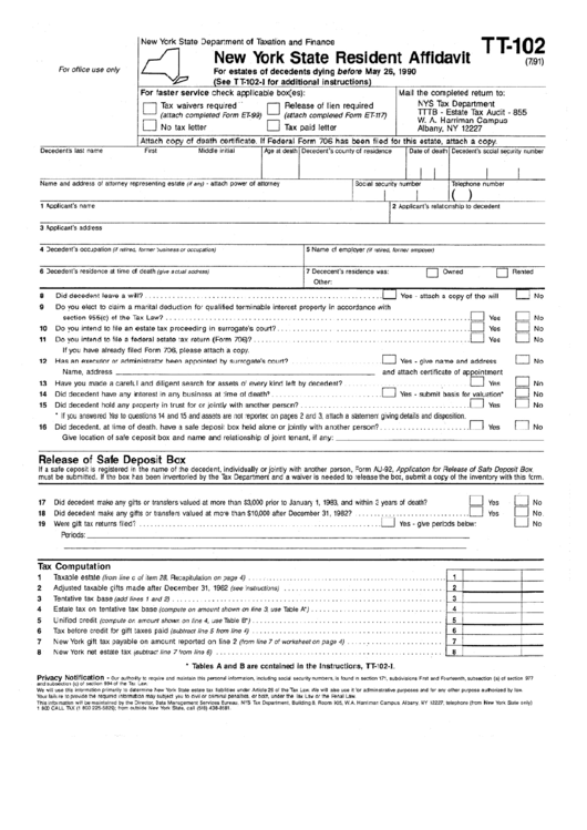 Form Tt-102 - New York State Resident Affidavit Form - New York State Department Of Taxation And Finance - New York Printable pdf