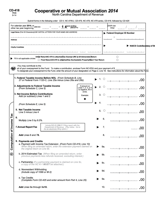 Form Cd-418 - Cooperative Or Mutual Association - 2014 Printable pdf