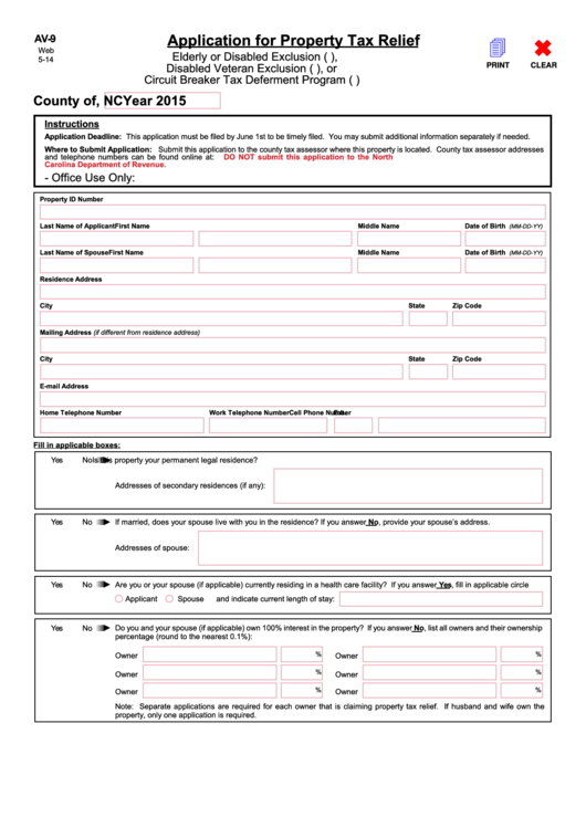 Fillable Form Av-9 - Application For Property Tax Relief Form - 2015 Printable pdf