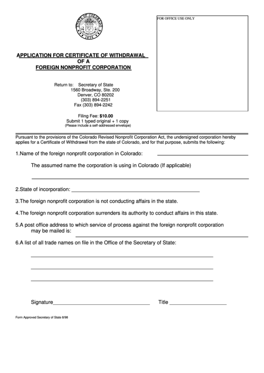 Application For Certificate Of Withdrawal Of A Foreign Nonprofit Corporation Printable pdf