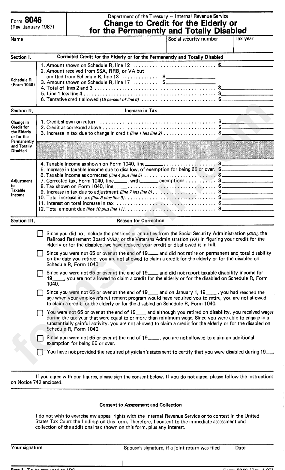 Form 8046 - Change To Credit For The Elderly Or For The Permanently And Totally Disabled Form