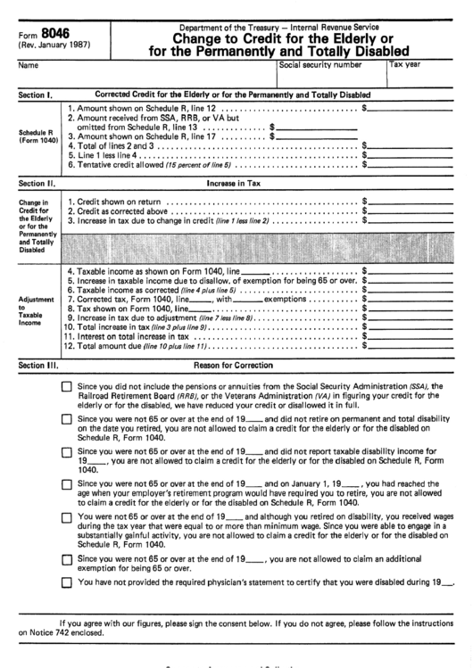 Form 8046 - Change To Credit For The Elderly Or For The Permanently And Totally Disabled Form Printable pdf