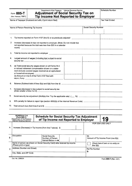 Form 885t - Adjustment Of Social Secutiry Tax On Tip Income Not Reported To Employer Form Printable pdf