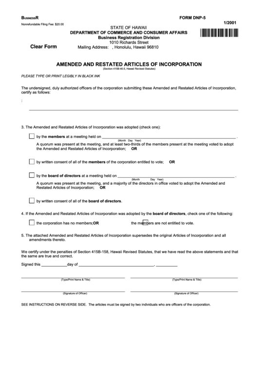 Form Dnp-5 - Amended And Restated Articles Of Incorporation 2001 Printable pdf