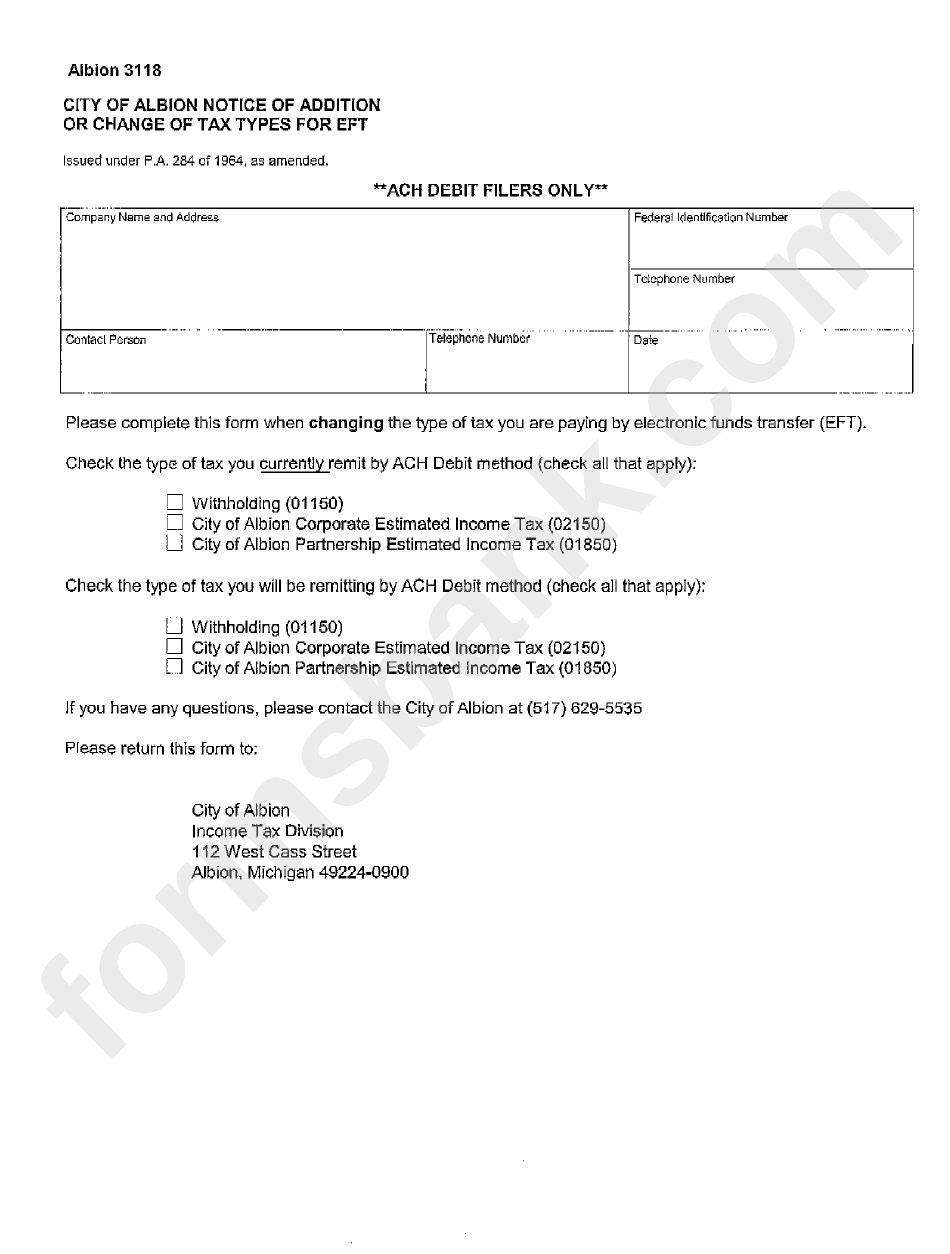 Form Albion 3118 - City Of Albion Notice Of Addition Or Change Of Tax Types For Eft Form