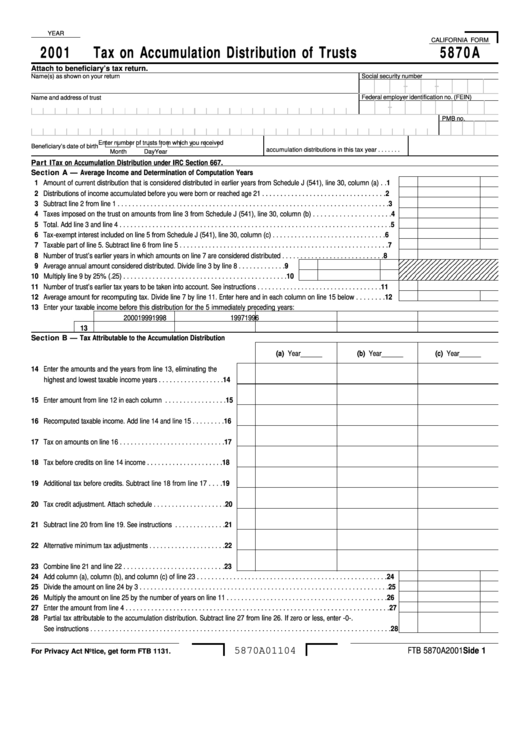 California Form 5870a - Tax On Accumulation Distribution Of Trusts - 2001 Printable pdf