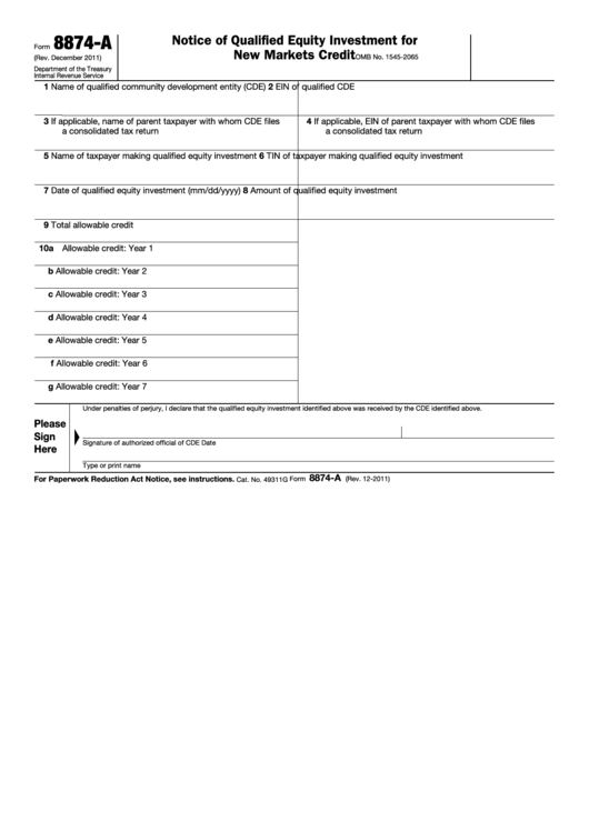 Form 8874-A - Notice Of Qualified Equity Investment For New Markets Credit Form Printable pdf