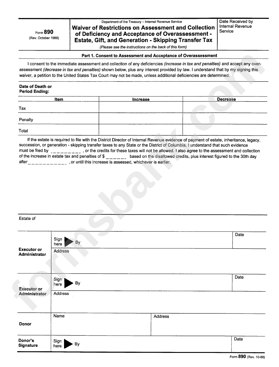 Form 890 - Walver Of Restrictions On Assessment And Collection Of Deficiency And Acceptance Of Overassessment - Estate, Gift, And Generation - Skipping Transfer Tax Form