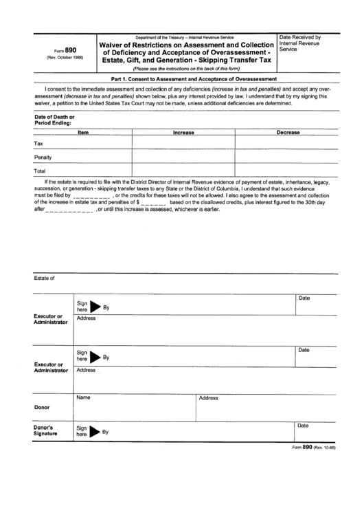 Form 890 - Walver Of Restrictions On Assessment And Collection Of Deficiency And Acceptance Of Overassessment - Estate, Gift, And Generation - Skipping Transfer Tax Form Printable pdf