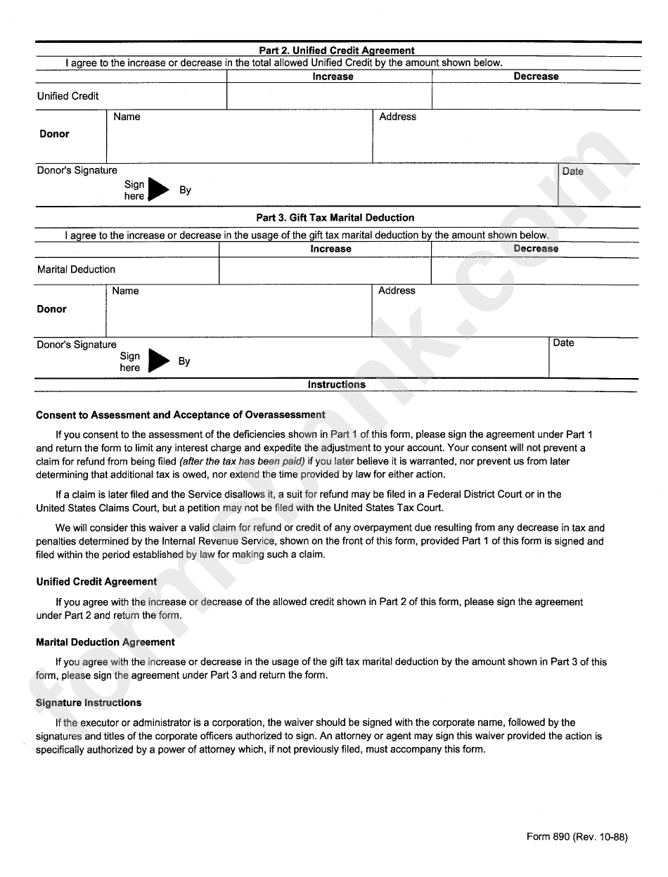 Form 890 - Walver Of Restrictions On Assessment And Collection Of Deficiency And Acceptance Of Overassessment - Estate, Gift, And Generation - Skipping Transfer Tax Form