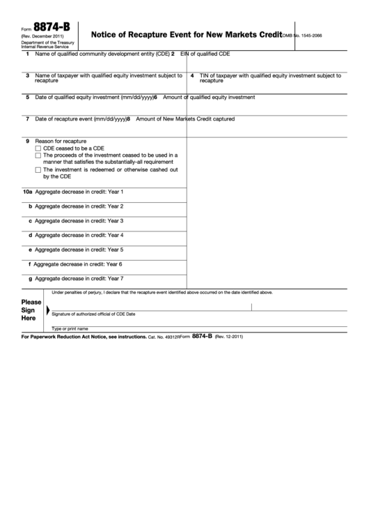 Form 8874-B - Notice Of Recapture Event For New Markets Credit Form Printable pdf