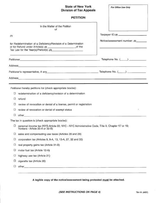 Form Ta-10 - Petition Form - Division Of Tax Appeals Printable pdf