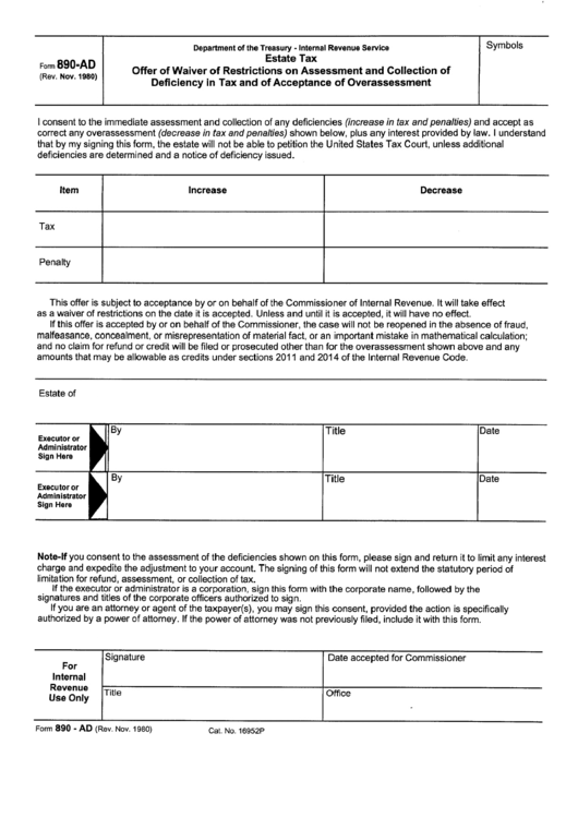 Form 890-Ad - Estate Tax Offer Of Waiver Of Restrictions On Assessment And Collection Of Deficiency In Tax And Of Acceptance Of Overassessment Form Printable pdf