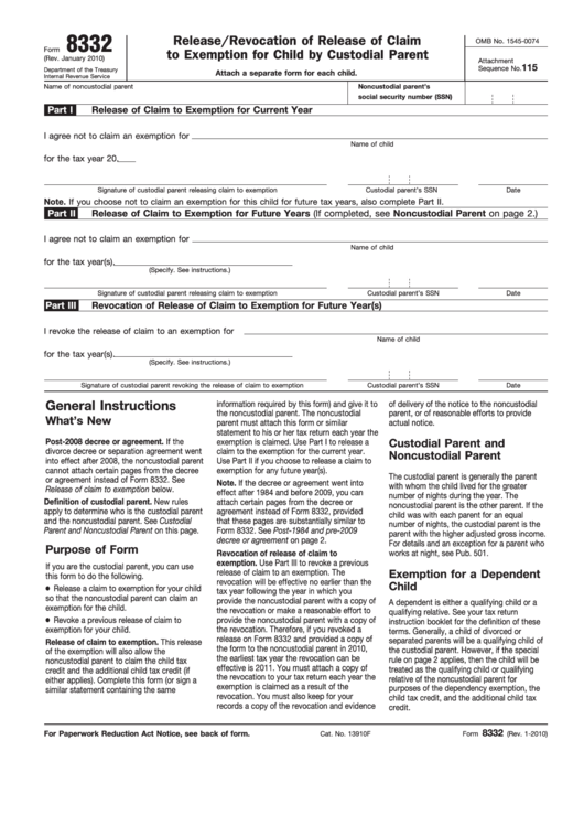 Form 8332 - Release/revocation Of Release Of Claim To Exemption For Child By Custodial Parent Form Printable pdf
