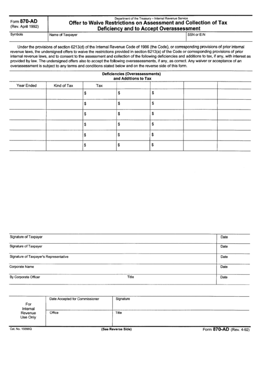 Form 870-Ad - Offer To Waive Restrictions On Assessment And Collection Of Tax Deficiency And To Accept Overassessment Form Printable pdf