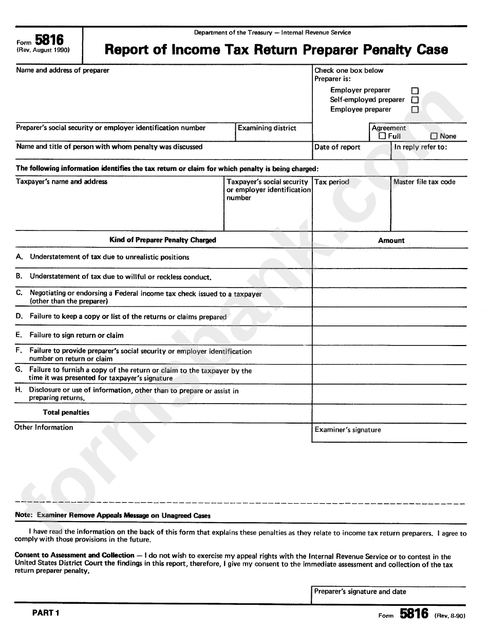 Form 5816 - Report Of Income Tax Return Preparer Penalty Case Form