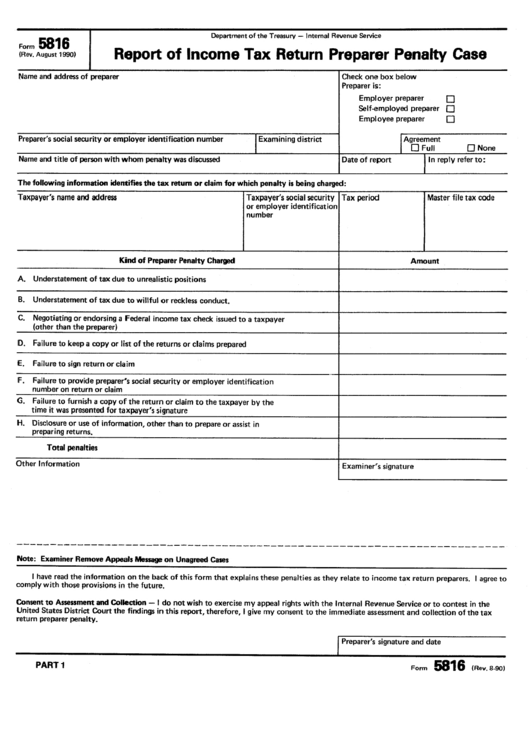 Form 5816 - Report Of Income Tax Return Preparer Penalty Case Form Printable pdf