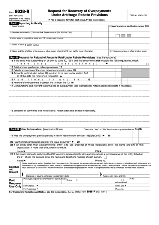 Fillable Form 8038-R - Request For Recovery Of Overpayments Under Arbitrage Rebate Provisions Form Printable pdf
