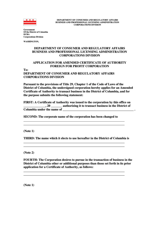 Application For Amended Certificate Of Authority Foreign For Profit Corporation Form Printable pdf