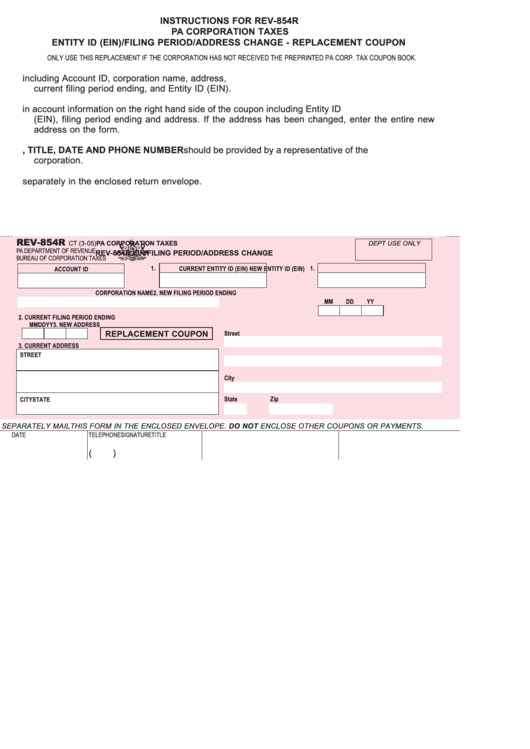 Form Rev-854r - Entity Id (Ein)/filing Period/address Change - Replacement Coupon Printable pdf