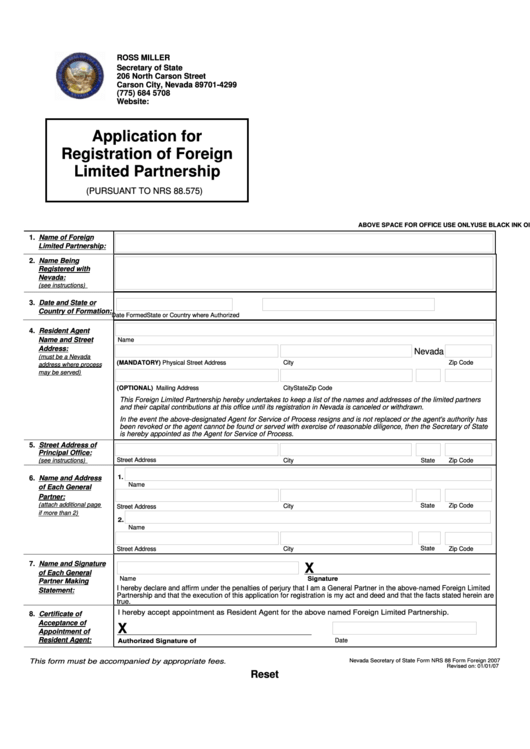 Fillable Form Nrs 88 - Application For Registration Of Foreign Limited Partnership Form Printable pdf