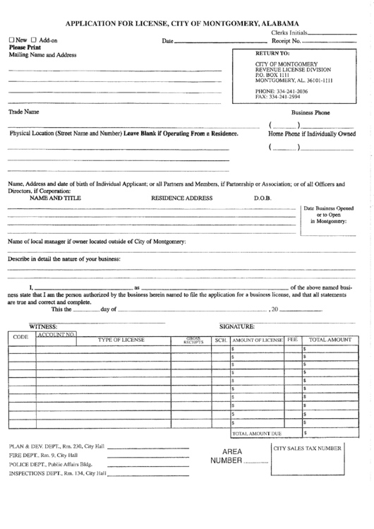 Application For License Form - City Of Montgomery Printable pdf