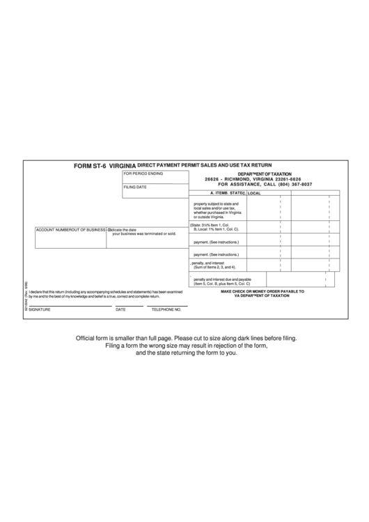 Form St-6 - Direct Payment Permit Sales And Use Tax Return - Department Of Taxation Of Virginia Printable pdf