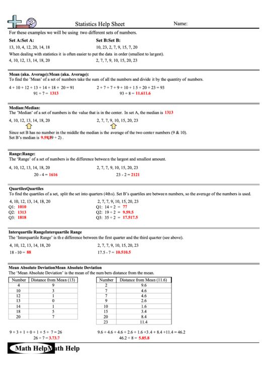 Statistics Help Sheet Printable pdf