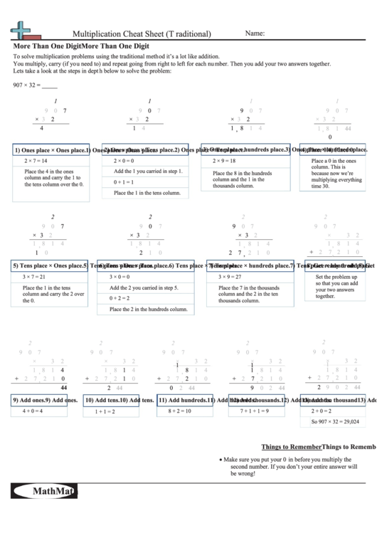 Multiplication Cheat Sheet (Traditional) Printable pdf