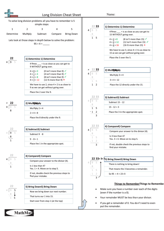 Long Division Cheat Sheet Printable pdf