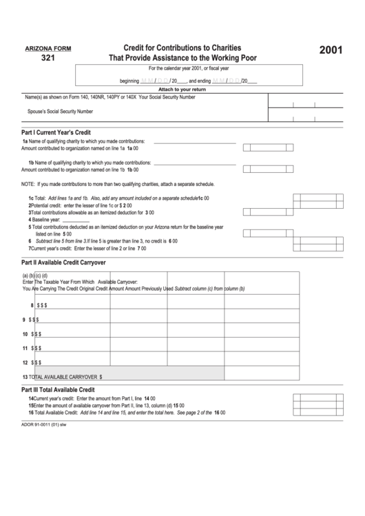 Arizona Form 321 - Credit For Contributions To Charities That Provide Assistance To The Working Poor - 2001 Printable pdf