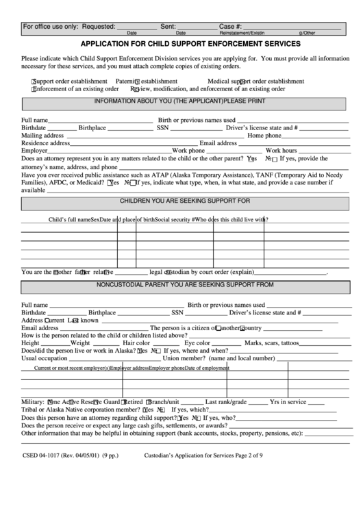 Form Csed 04-1017 - Application For Child Support Enforcement Services And Affidavit Of Support Received And Affidavit And Request For Address Confidentiality - Alaska Division Of Child Support Enforcement Printable pdf