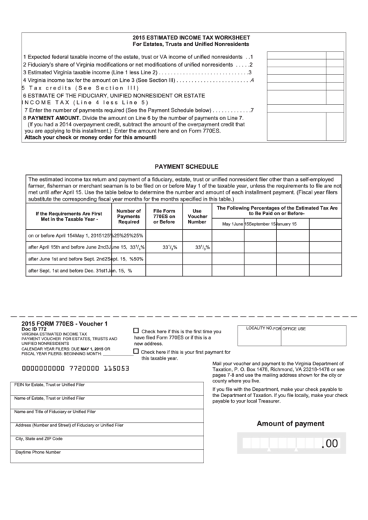 Fillable Form 770es - Virginia Estimated Income Tax Worksheet & Vouchers - 2015 Printable pdf