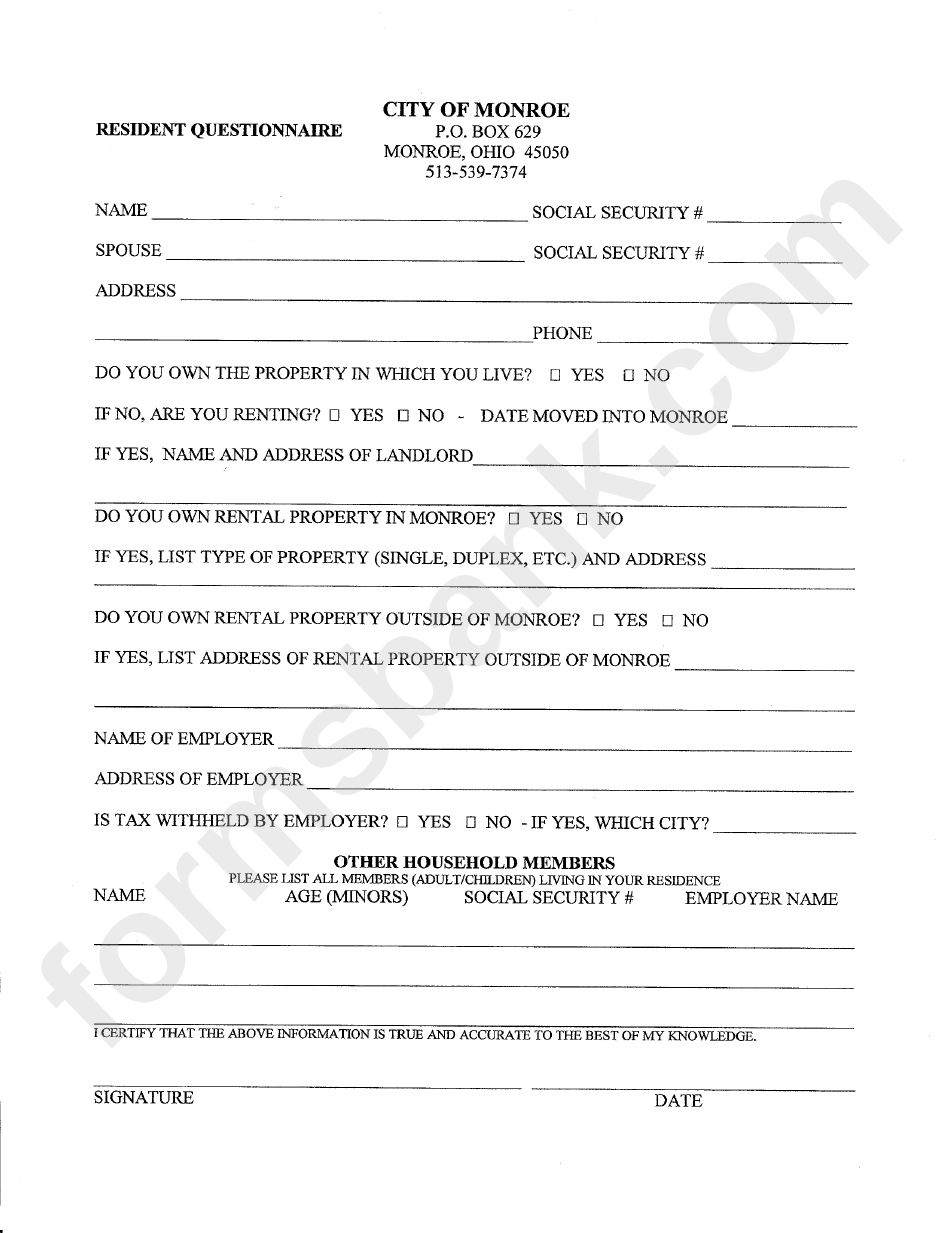 Resident Questionnaire Form - City Of Monroe, Ohio