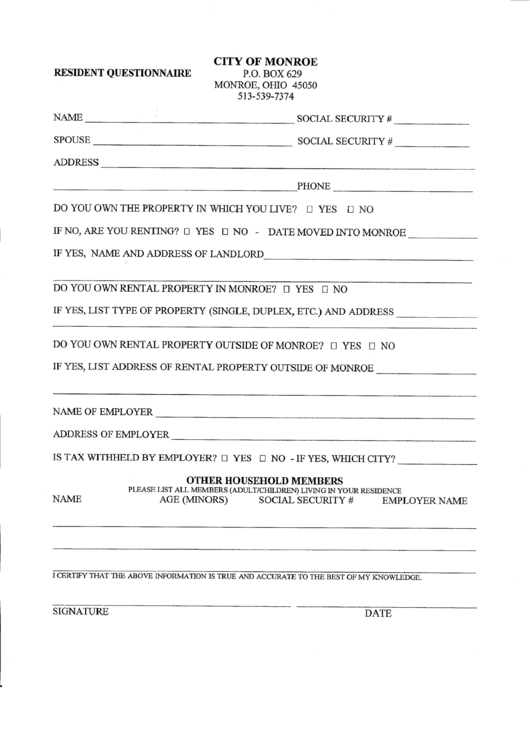 Resident Questionnaire Form - City Of Monroe, Ohio Printable pdf