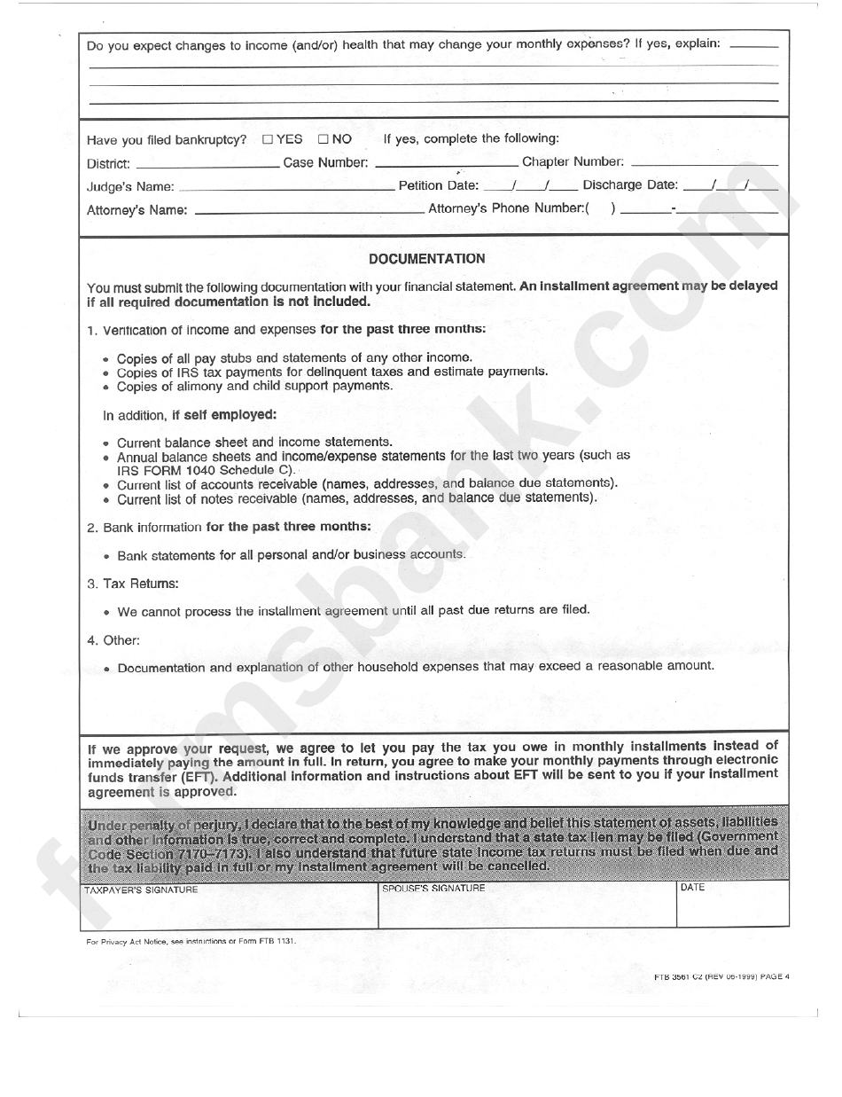 Form Ftb 3561 - Financial Statement - California Franchise Tax Board