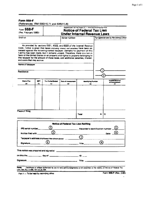 Form 668-F - Notice Of Federal Tax Lien Under Internal Revenue Laws - Department Of The Treasury Printable pdf