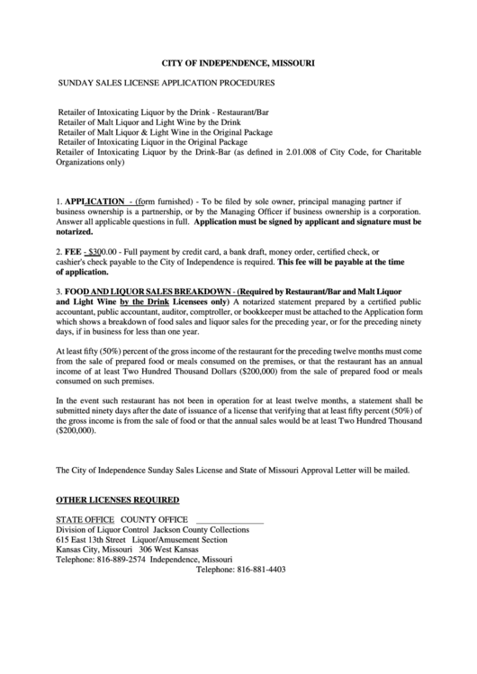 Application For Sunday Sales License Form - License Division - City Of Independence Printable pdf